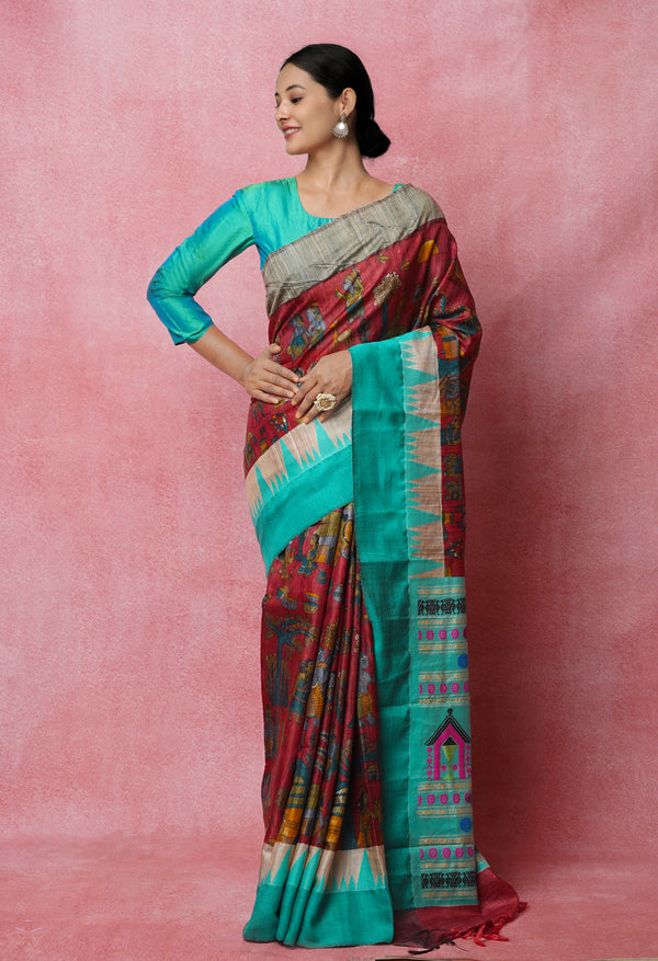 Burgundy Pure Handloom Kalamkari Printed Vidarbha Tussar Jute Saree-UNM72450