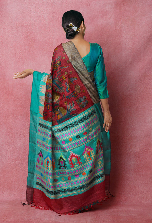 Burgundy Pure Handloom Kalamkari Printed Vidarbha Tussar Jute Saree-UNM72450