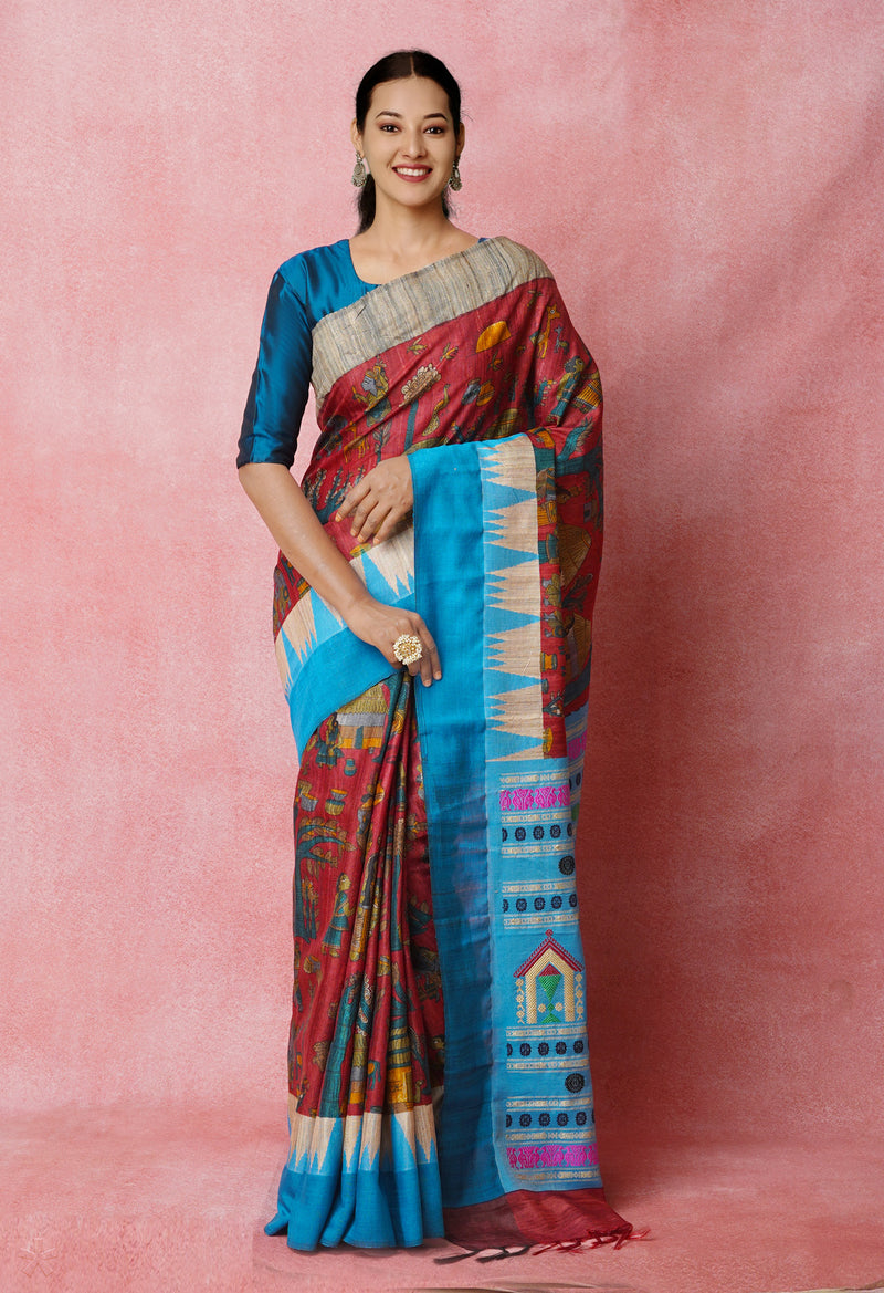 Maroon Pure Handloom Kalamkari Printed Vidarbha Tussar Jute Saree-UNM72451