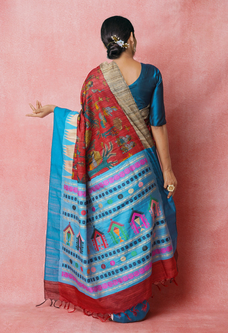 Maroon Pure Handloom Kalamkari Printed Vidarbha Tussar Jute Saree-UNM72451
