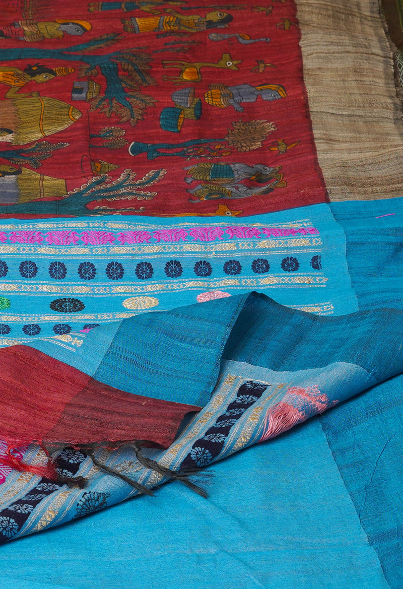 Maroon Pure Handloom Kalamkari Printed Vidarbha Tussar Jute Saree-UNM72451