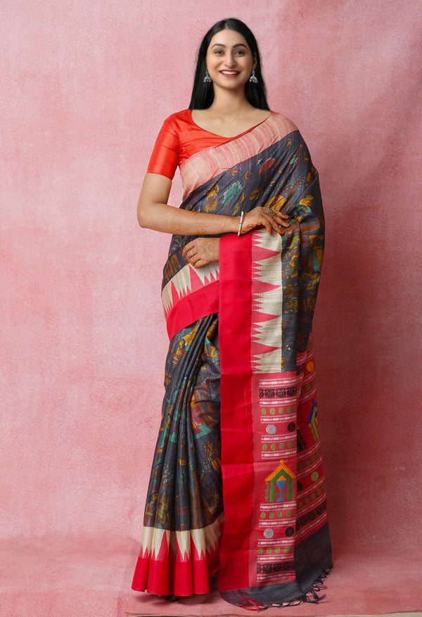Pewter Grey Pure Handloom Kalamkari Printed Vidarbha Tussar Jute Saree-UNM72452