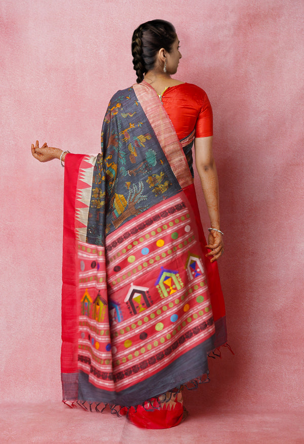 Pewter Grey Pure Handloom Kalamkari Printed Vidarbha Tussar Jute Saree-UNM72452