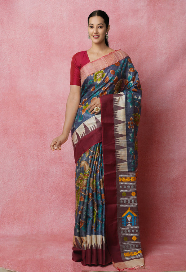 Bluish Grey Pure Handloom Kalamkari Printed Vidarbha Tussar Jute Saree-UNM72453