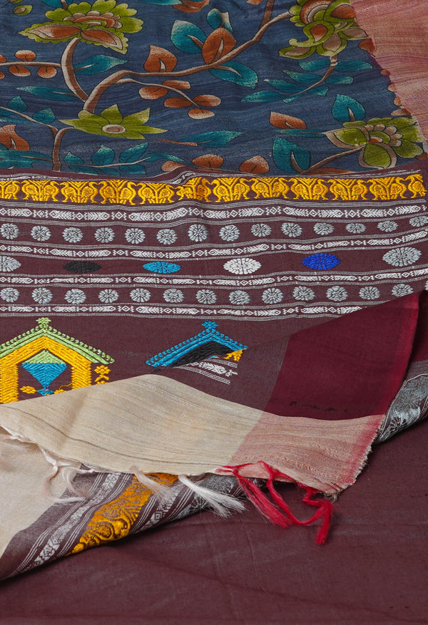 Bluish Grey Pure Handloom Kalamkari Printed Vidarbha Tussar Jute Saree-UNM72453