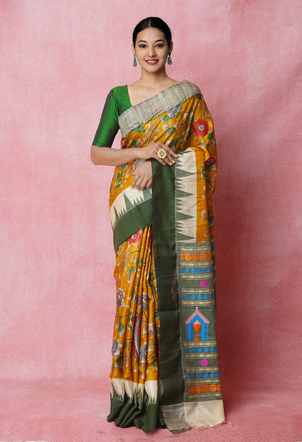 Mustard Yellow Pure Handloom Kalamkari Printed Vidarbha Tussar Jute Saree-UNM72454