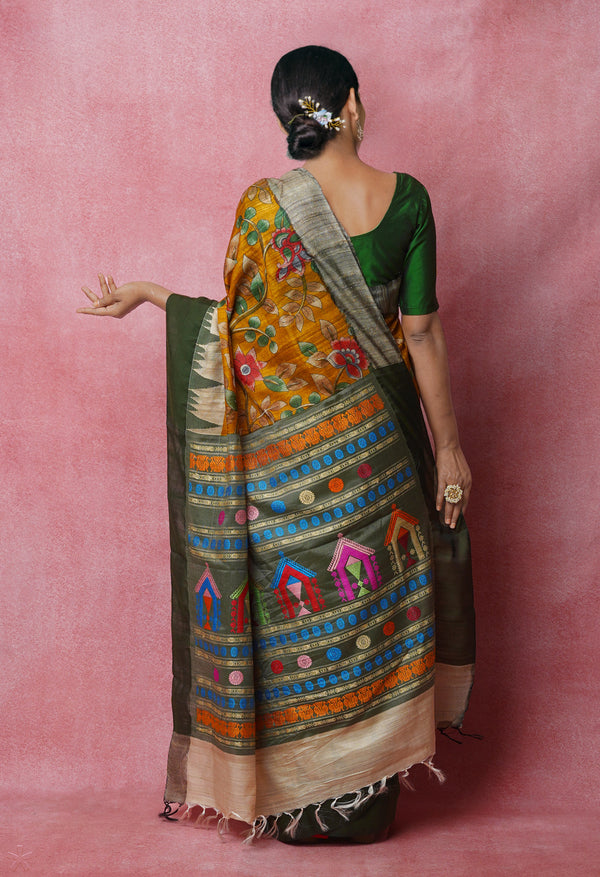 Mustard Yellow Pure Handloom Kalamkari Printed Vidarbha Tussar Jute Saree-UNM72454