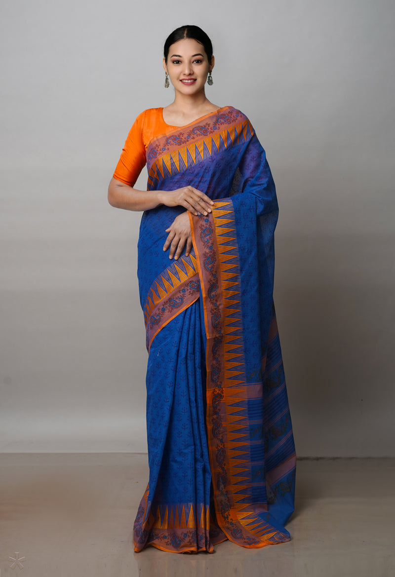 Blue Pure Handloom Pavani Dyed Printed Chettinad Cotton Saree-UNM72469