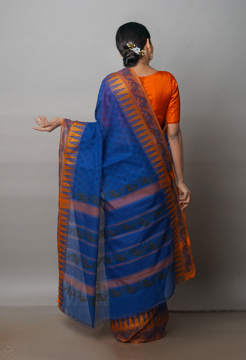 Blue Pure Handloom Pavani Dyed Printed Chettinad Cotton Saree-UNM72469