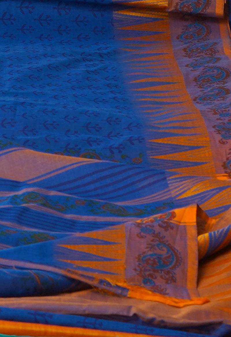 Blue Pure Handloom Pavani Dyed Printed Chettinad Cotton Saree-UNM72469