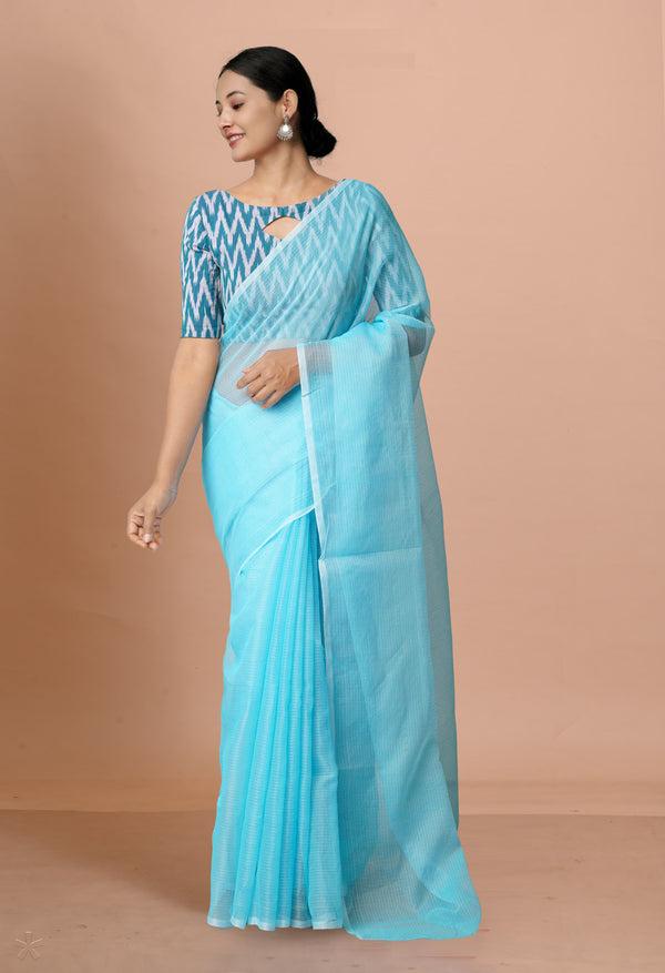 Blue Pure  Plain Kota Cotton Saree-UNM72484