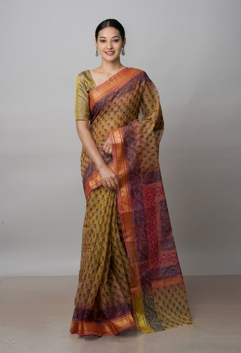 Cream Pure  Dyed Printed Kota Cotton Saree-UNM72491