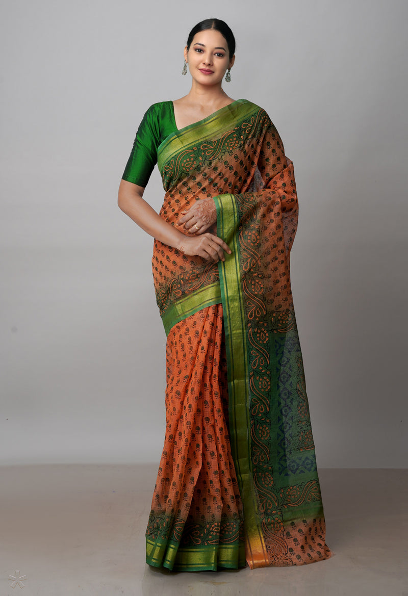 Orange Pure  Dyed Printed Kota Cotton Saree-UNM72492