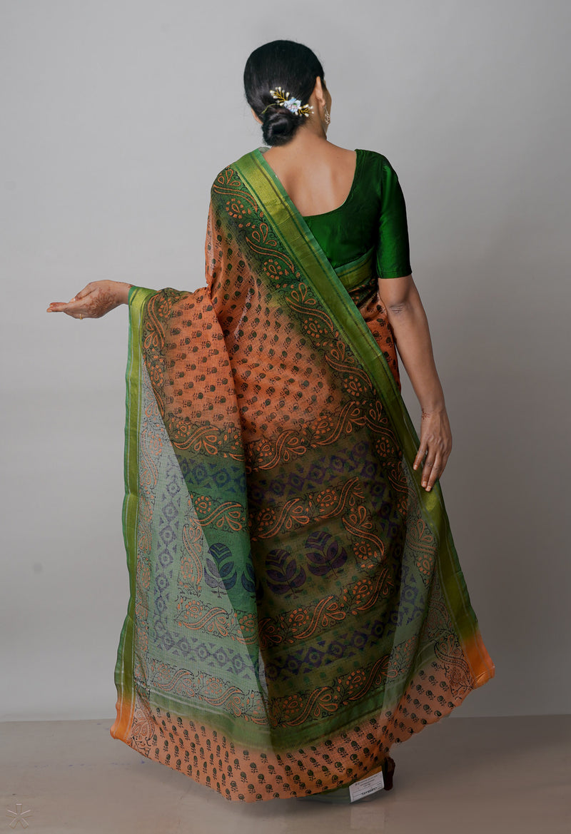 Orange Pure  Dyed Printed Kota Cotton Saree-UNM72492