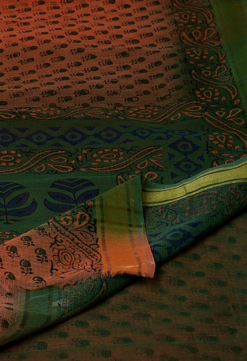 Orange Pure  Dyed Printed Kota Cotton Saree-UNM72492