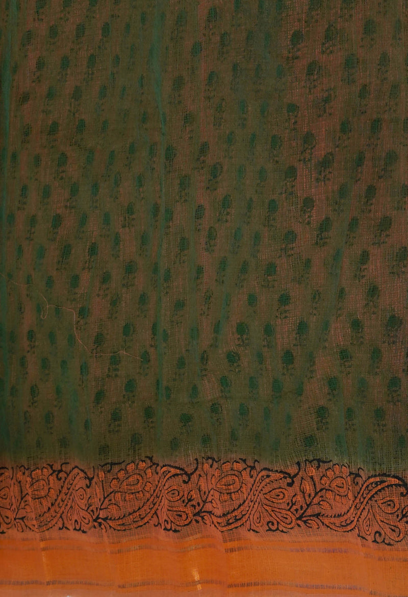 Orange Pure  Dyed Printed Kota Cotton Saree-UNM72492