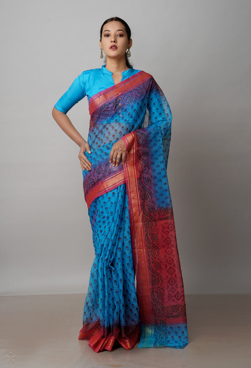 Blue Pure  Dyed Printed Kota Cotton Saree-UNM72493