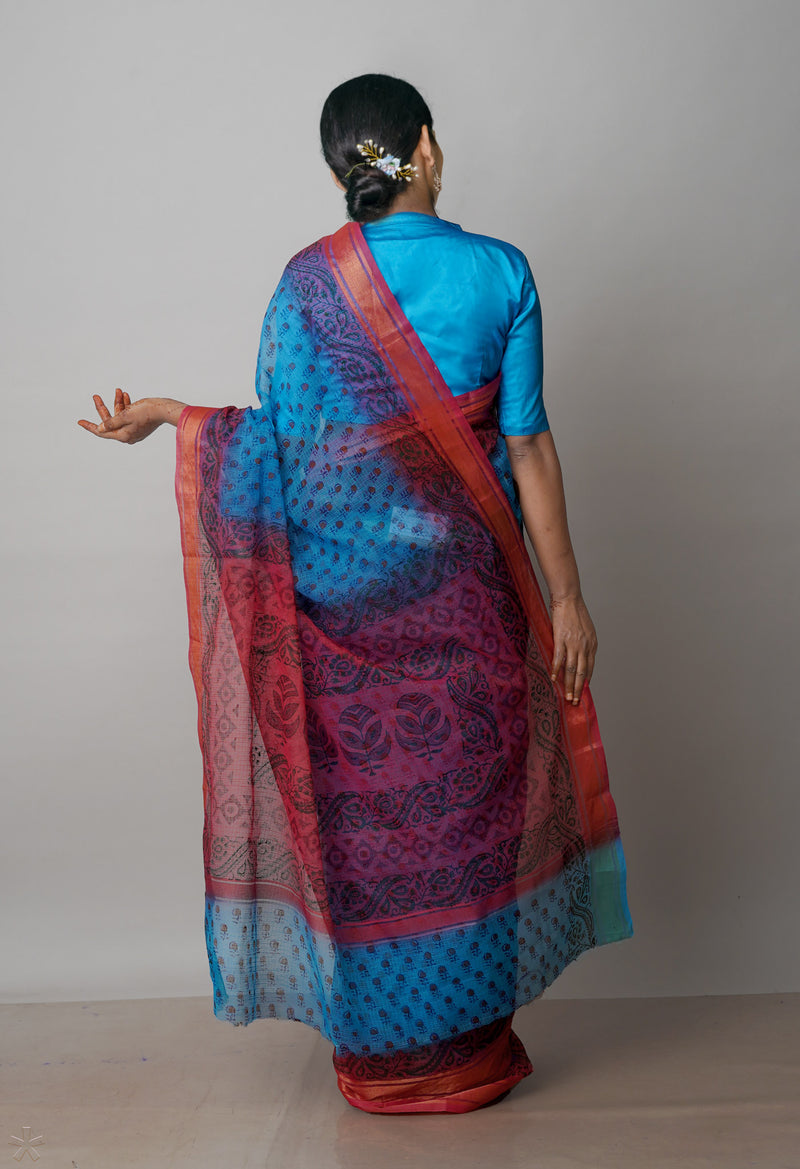 Blue Pure  Dyed Printed Kota Cotton Saree-UNM72493