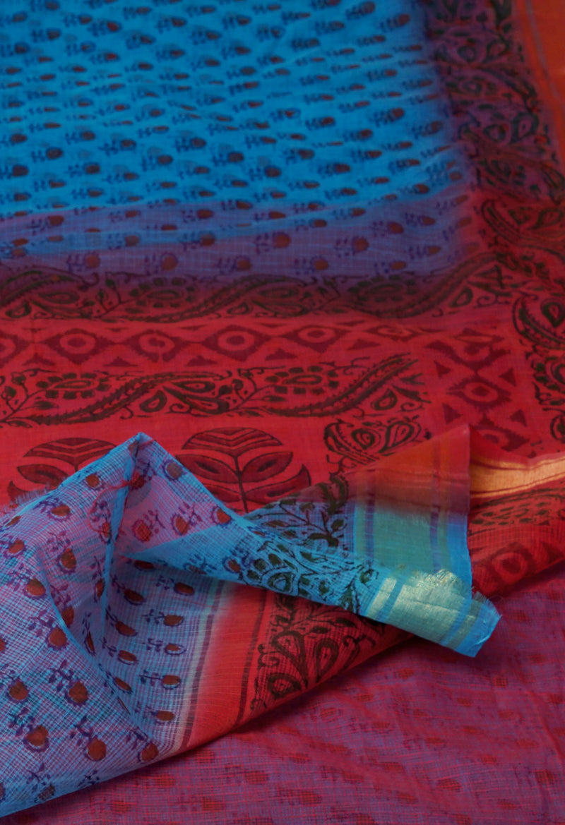 Blue Pure  Dyed Printed Kota Cotton Saree-UNM72493