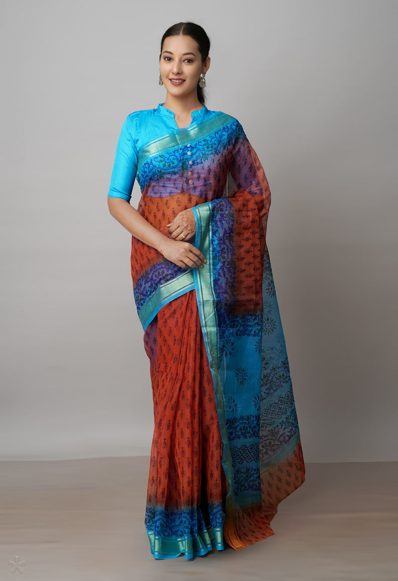 Cinnamon Brown Pure  Dyed Printed Kota Cotton Saree-UNM72494
