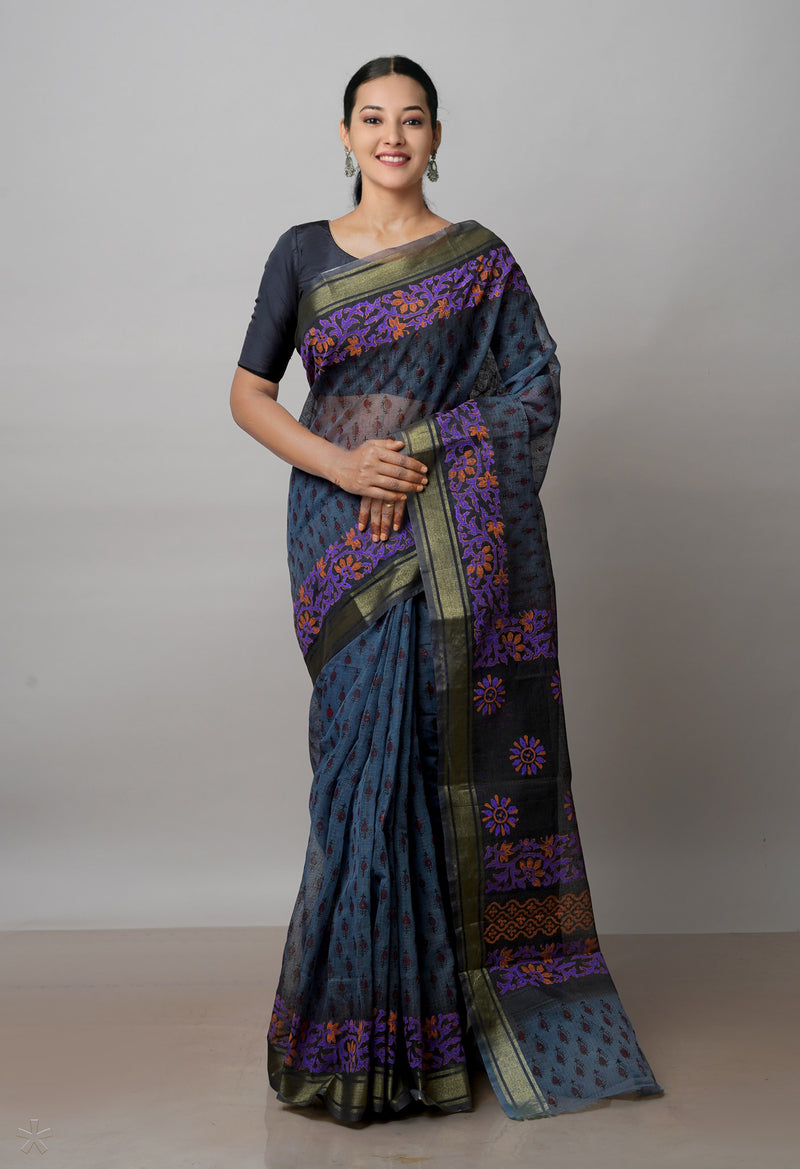 Bluish Grey Pure  Dyed Printed Kota Cotton Saree-UNM72495