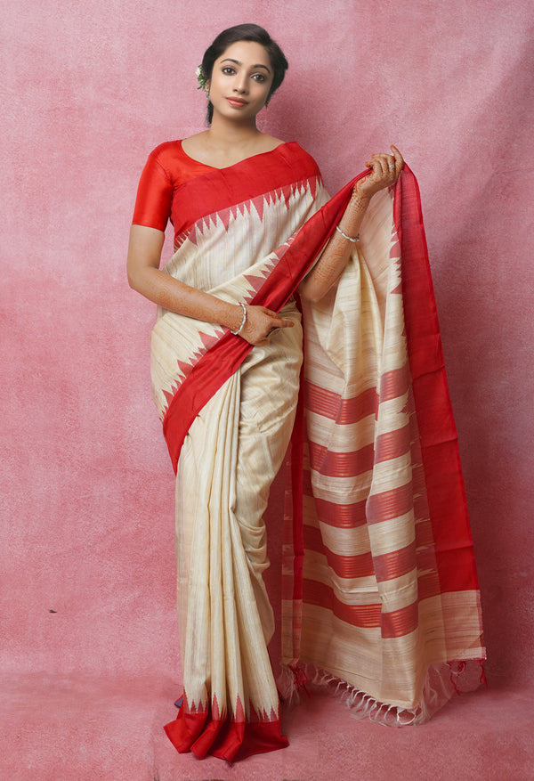 Cream-Cherry Red Pure  Bengal Ghicha Tussar Jute Saree-UNM72497