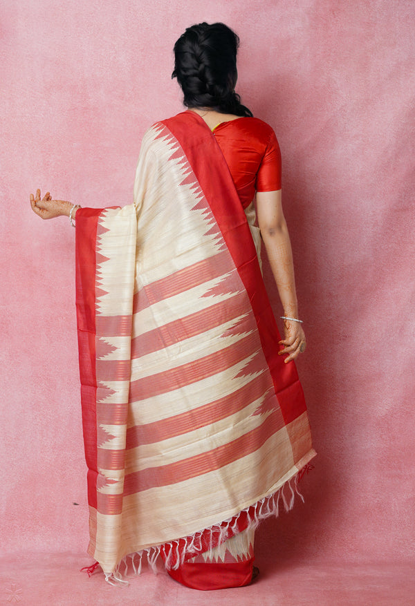 Cream-Cherry Red Pure  Bengal Ghicha Tussar Jute Saree-UNM72497