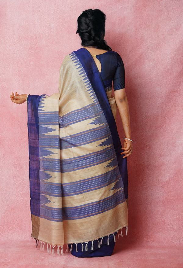 Cream-Navy Blue Pure  Bengal Ghicha Tussar Jute Saree-UNM72498