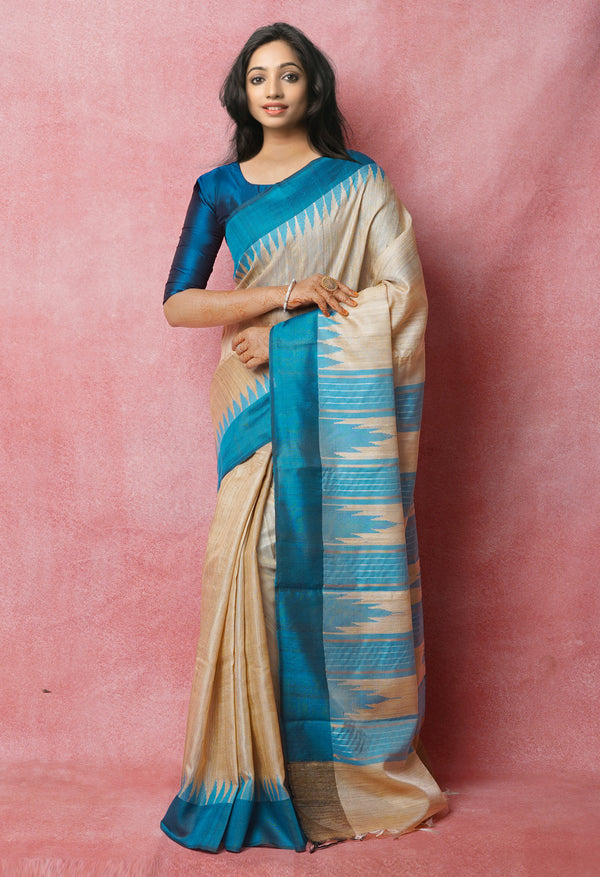 Cream-Peacock Blue Pure  Bengal Ghicha Tussar Jute Saree-UNM72502