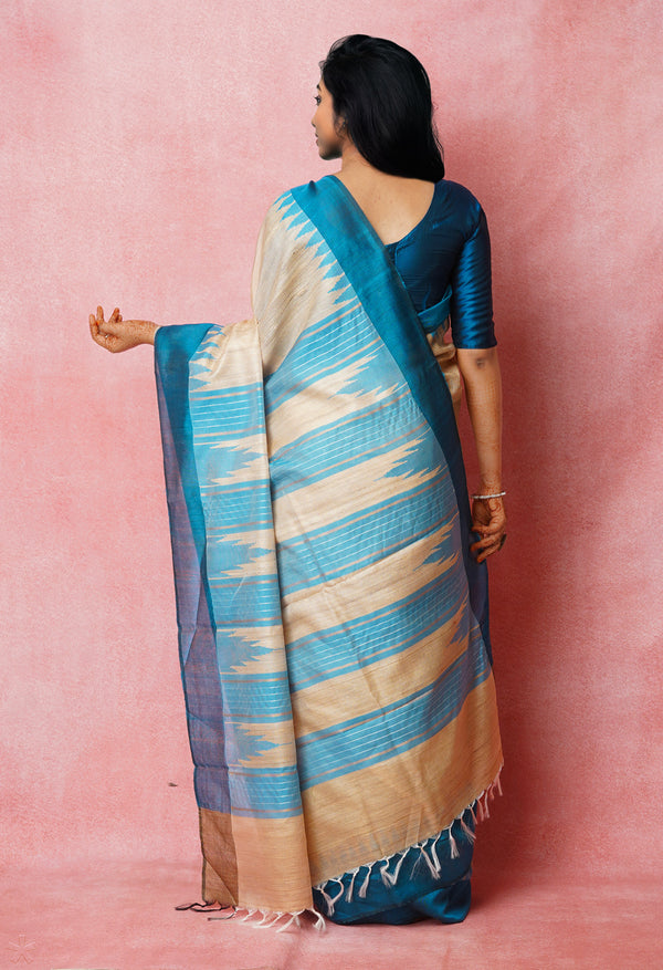 Cream-Peacock Blue Pure  Bengal Ghicha Tussar Jute Saree-UNM72502