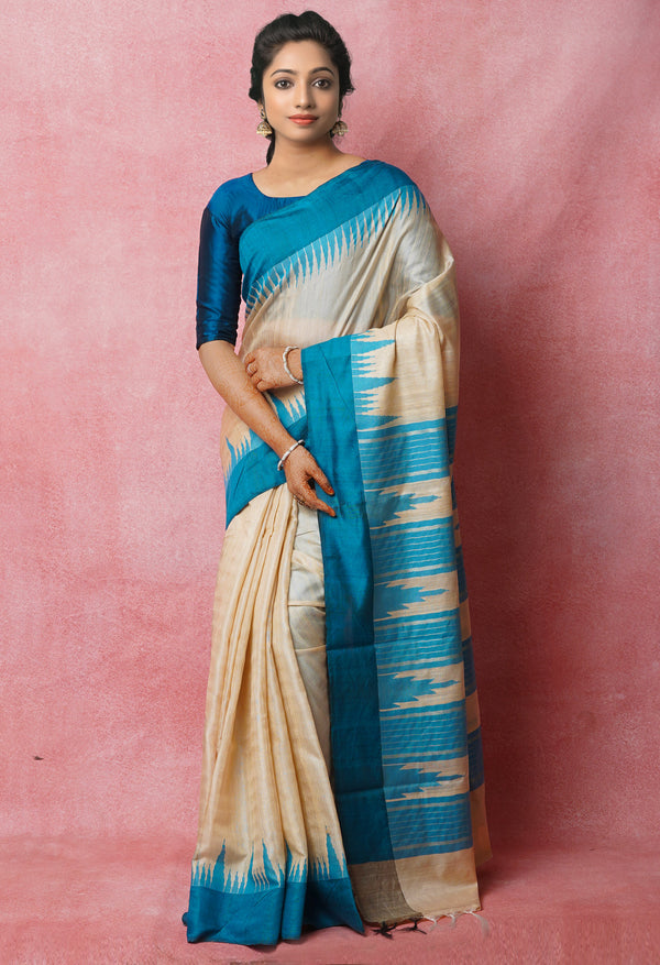 Cream-Peacock Blue Pure  Bengal Ghicha Tussar Jute Saree-UNM72503