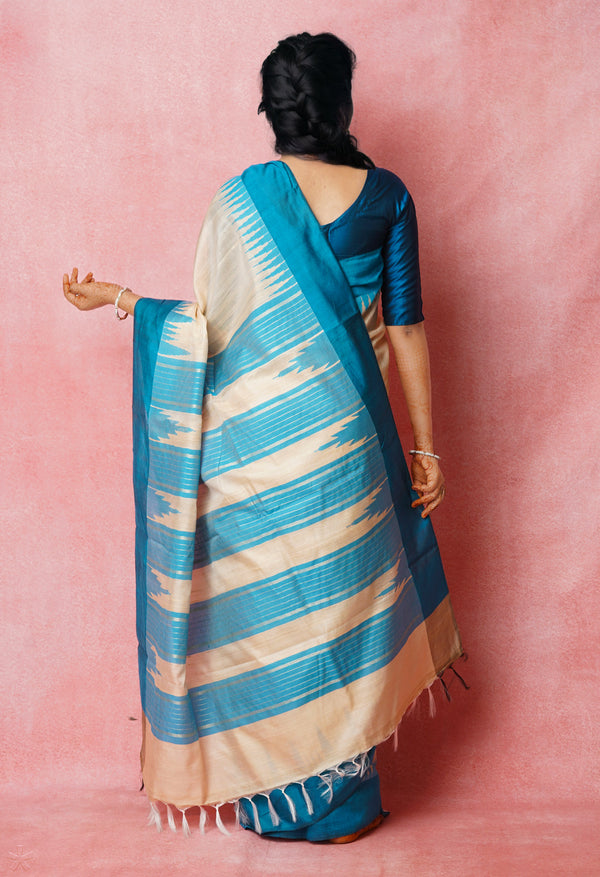 Cream-Peacock Blue Pure  Bengal Ghicha Tussar Jute Saree-UNM72503