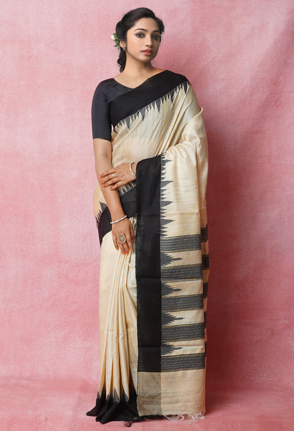 Cream--Black Pure  Bengal Ghicha Tussar Jute Saree-UNM72505