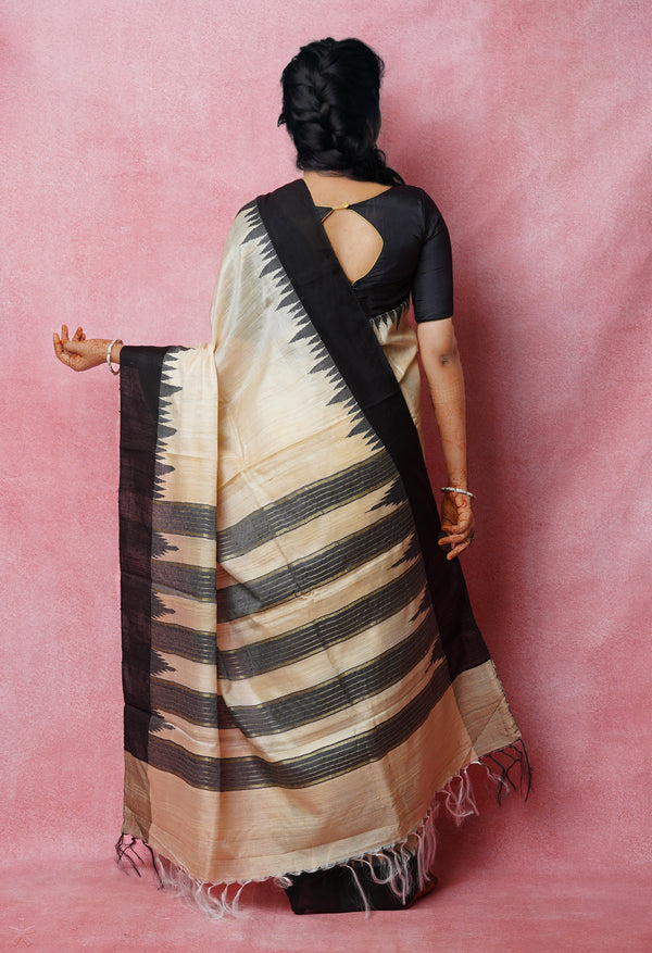 Cream--Black Pure  Bengal Ghicha Tussar Jute Saree-UNM72505