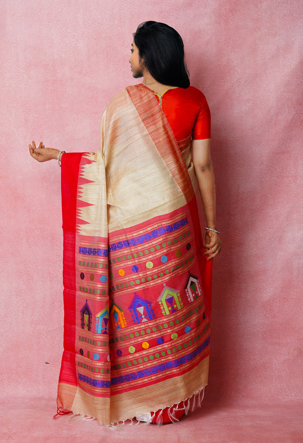 Cream-Cherry Red Pure  Bengal Ghicha Tussar Jute Saree-UNM72506
