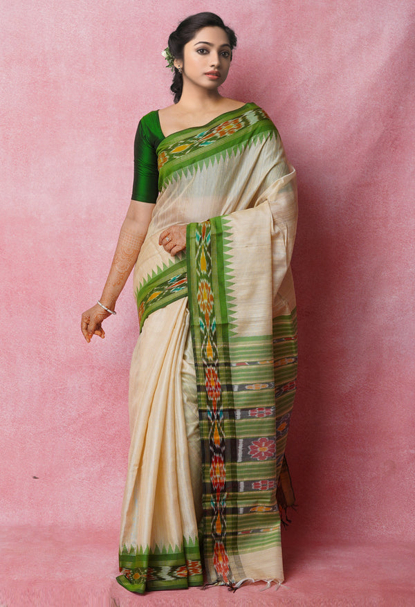 Cream-Forest Green Pure  Bengal Ghicha Tussar Jute Saree-UNM72510
