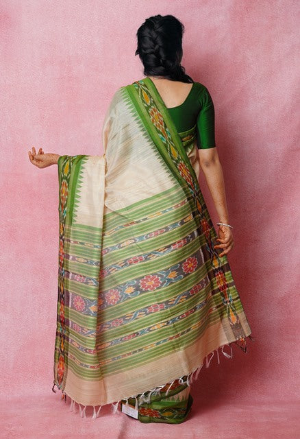 Cream-Forest Green Pure  Bengal Ghicha Tussar Jute Saree-UNM72510
