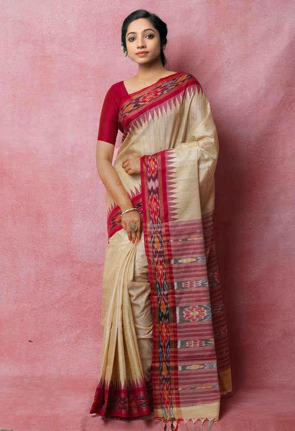 Cream-Burgundy Pure  Bengal Ghicha Tussar Jute Saree-UNM72511
