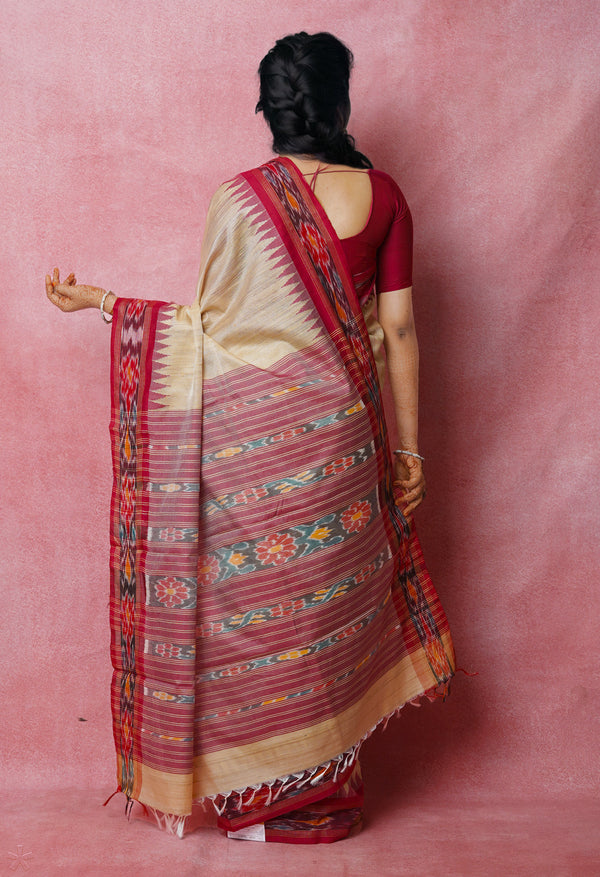 Cream-Burgundy Pure  Bengal Ghicha Tussar Jute Saree-UNM72511