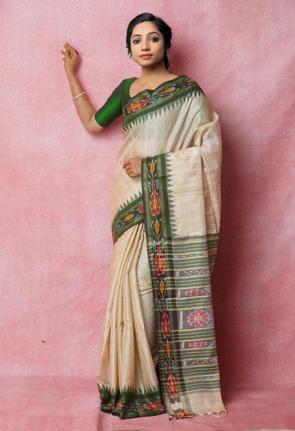 Cream-Dark Green Pure  Bengal Ghicha Tussar Jute Saree-UNM72512