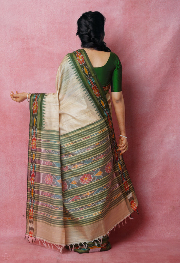 Cream-Dark Green Pure  Bengal Ghicha Tussar Jute Saree-UNM72512