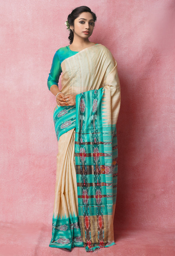 Cream-Teal Green Pure  Bengal Ghicha Tussar Jute Saree-UNM72518