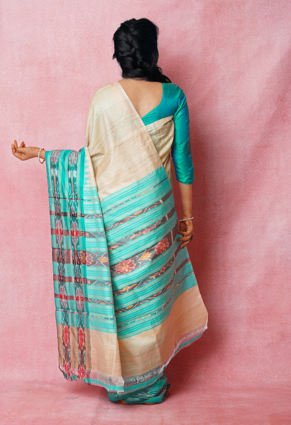 Cream-Teal Green Pure  Bengal Ghicha Tussar Jute Saree-UNM72518