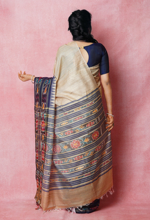 Cream-Navy Blue Pure  Bengal Ghicha Tussar Jute Saree-UNM72519