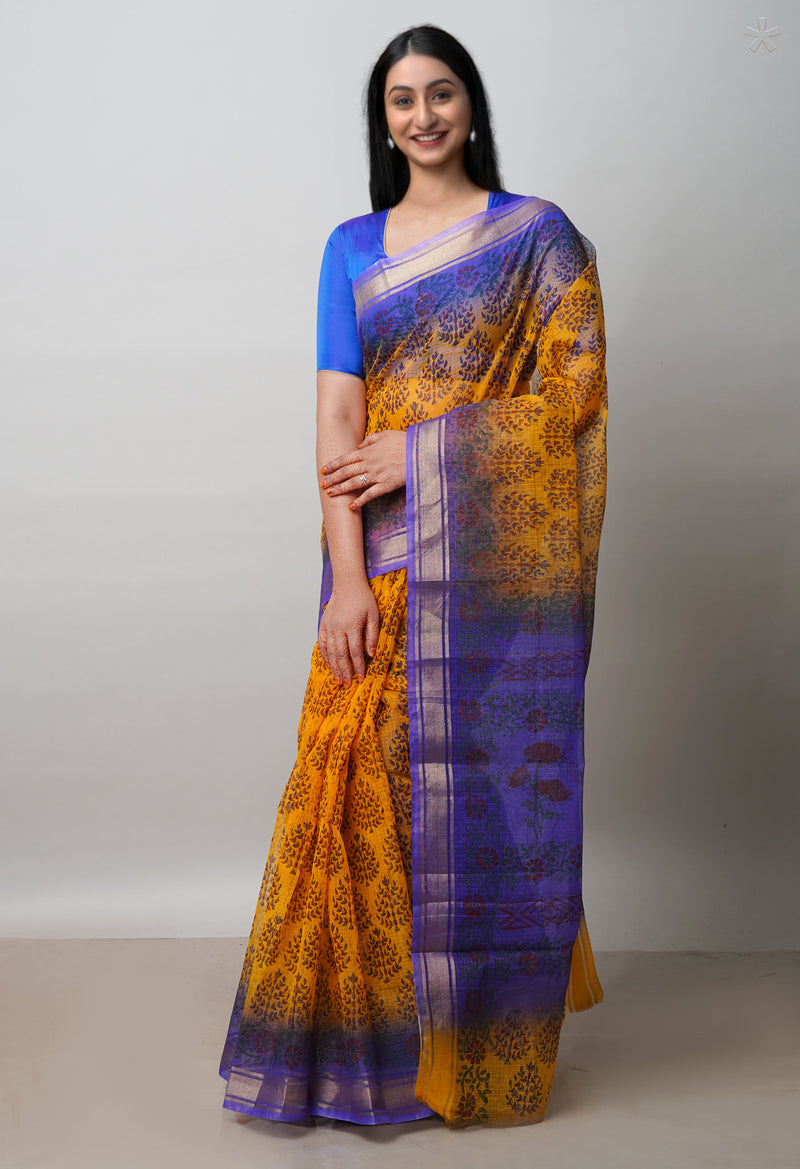 Yellow Pure  Dyed Printed Kota Cotton Saree-UNM72528