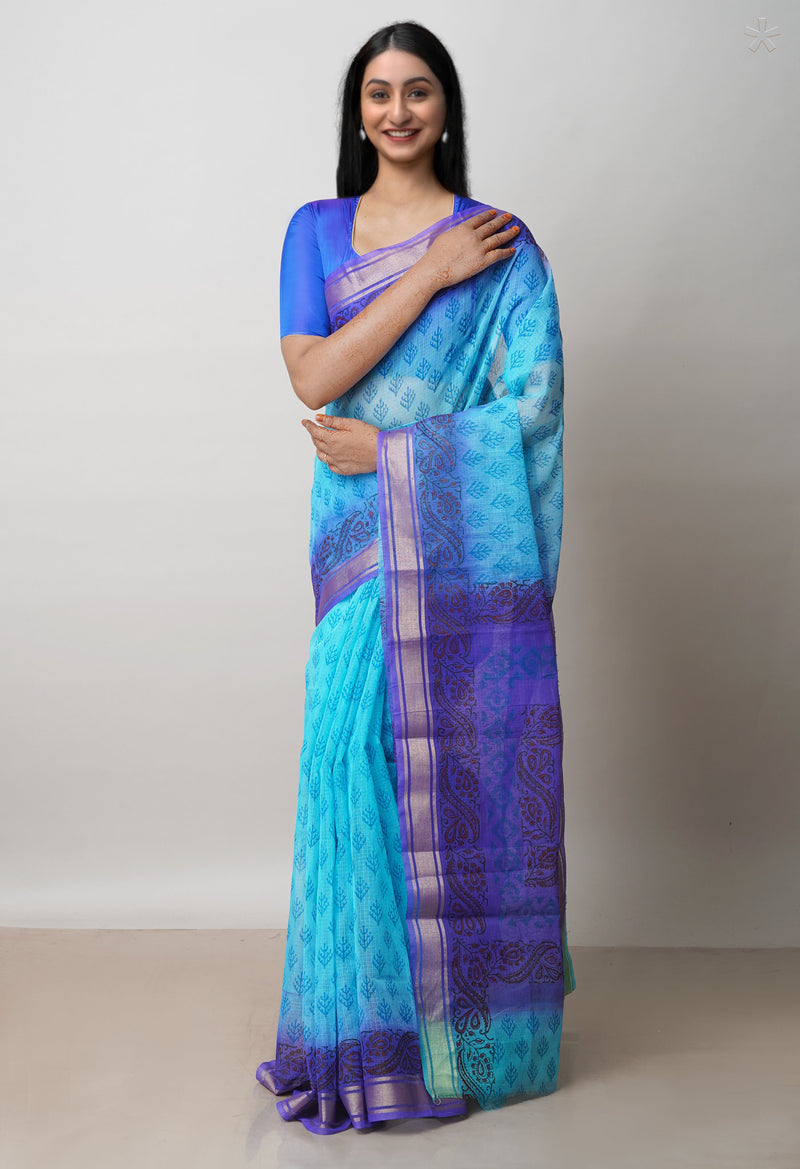 Blue Pure  Dyed Printed Kota Cotton Saree-UNM72529