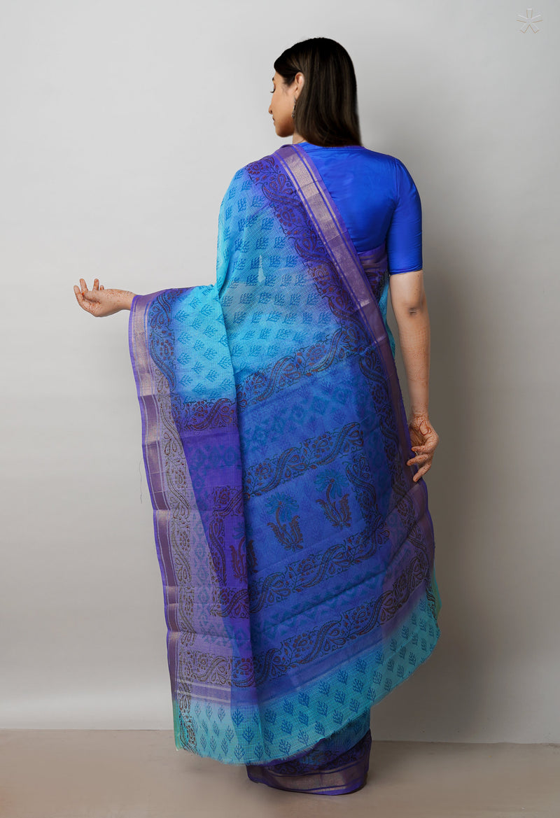 Blue Pure  Dyed Printed Kota Cotton Saree-UNM72529