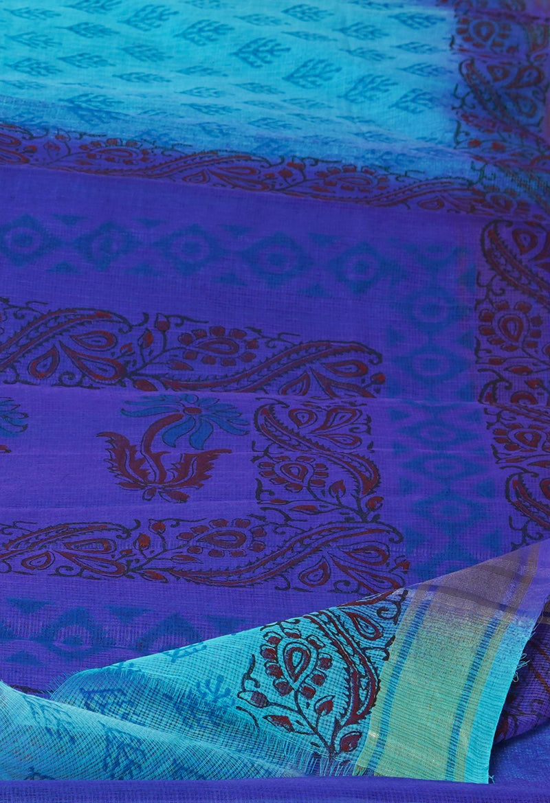 Blue Pure  Dyed Printed Kota Cotton Saree-UNM72529
