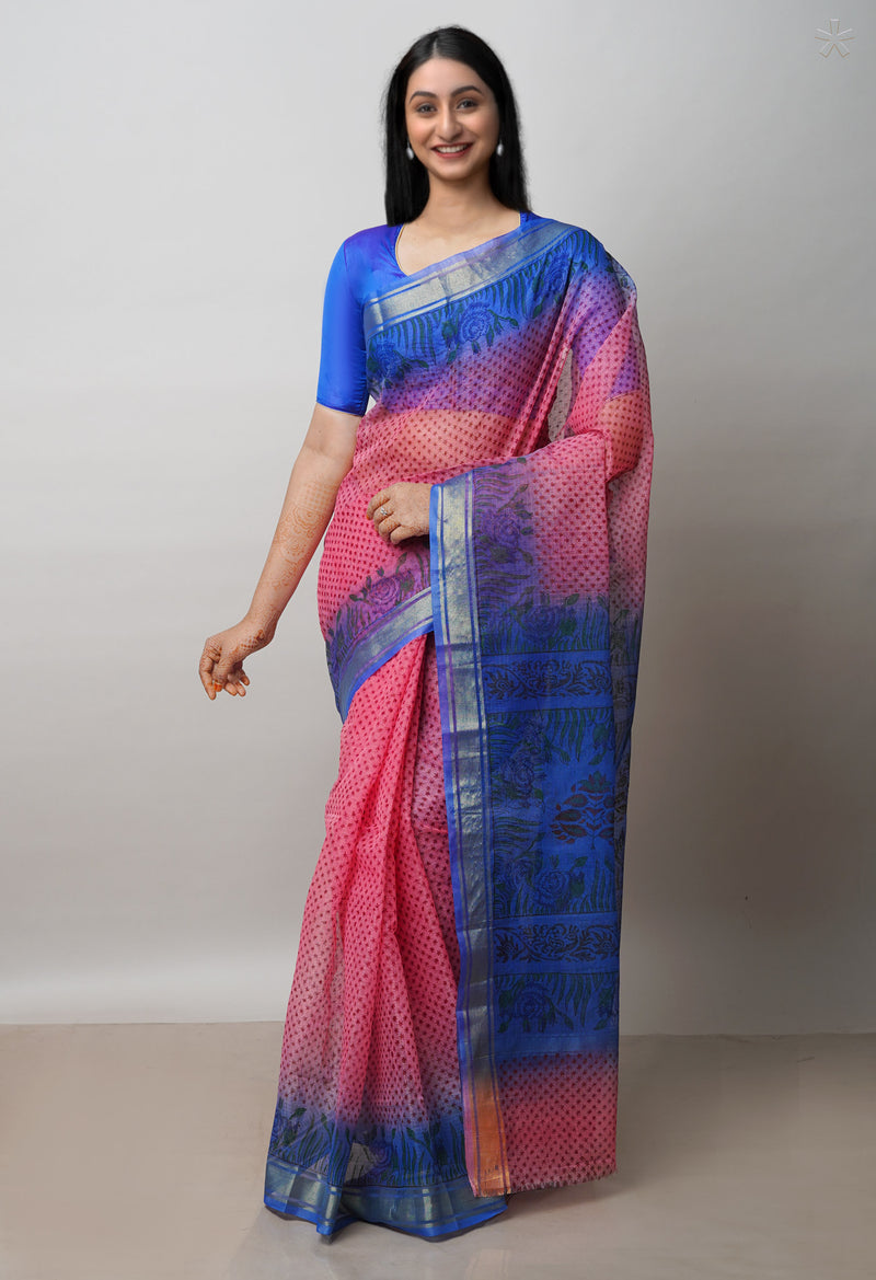Light Pink Pure  Dyed Printed Kota Cotton Saree-UNM72535