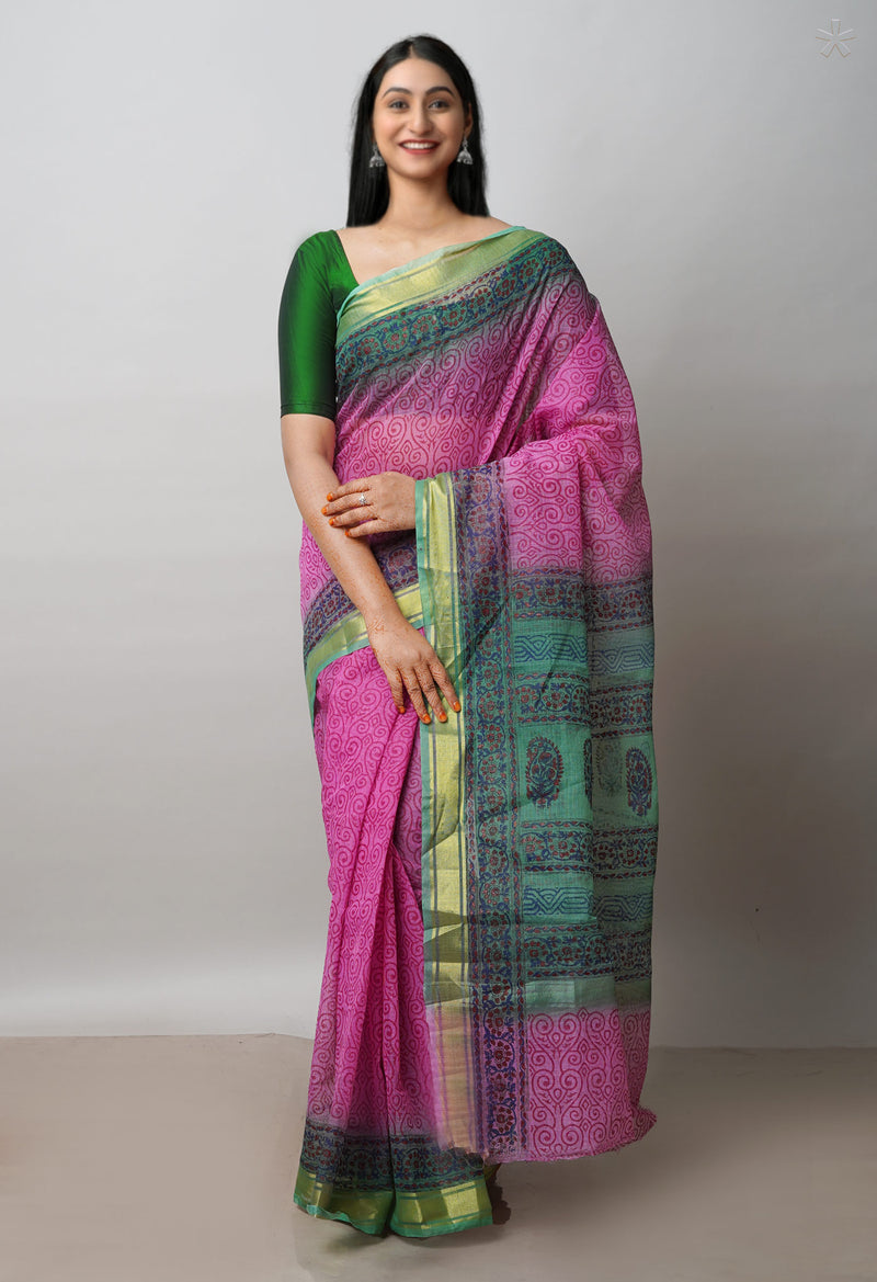 Pink Pure  Dyed Printed Kota Cotton Saree-UNM72536